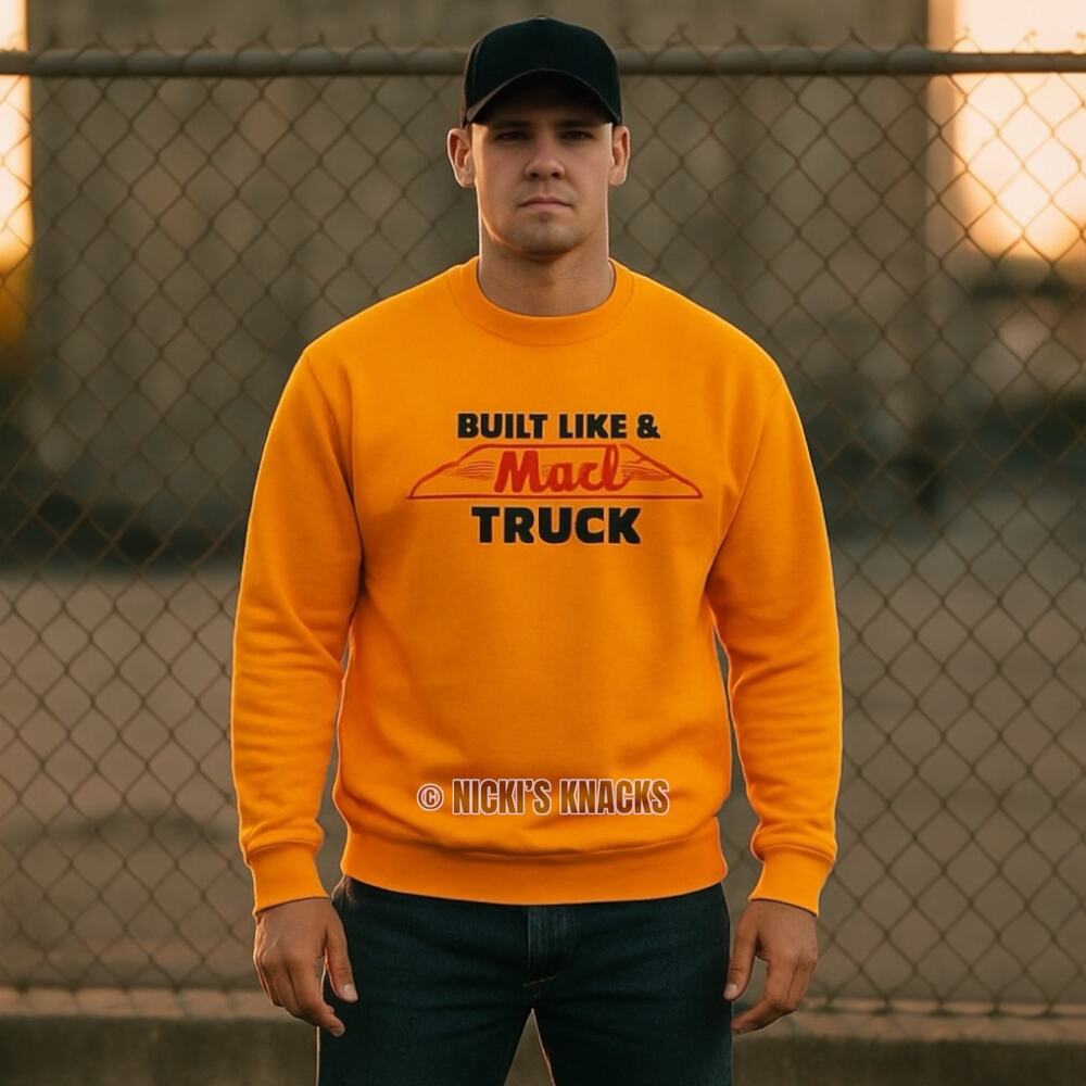 Mack Built Like A Mack Truck Fleece Crewneck Sweatshirt Yellow Orange Mens Sze L